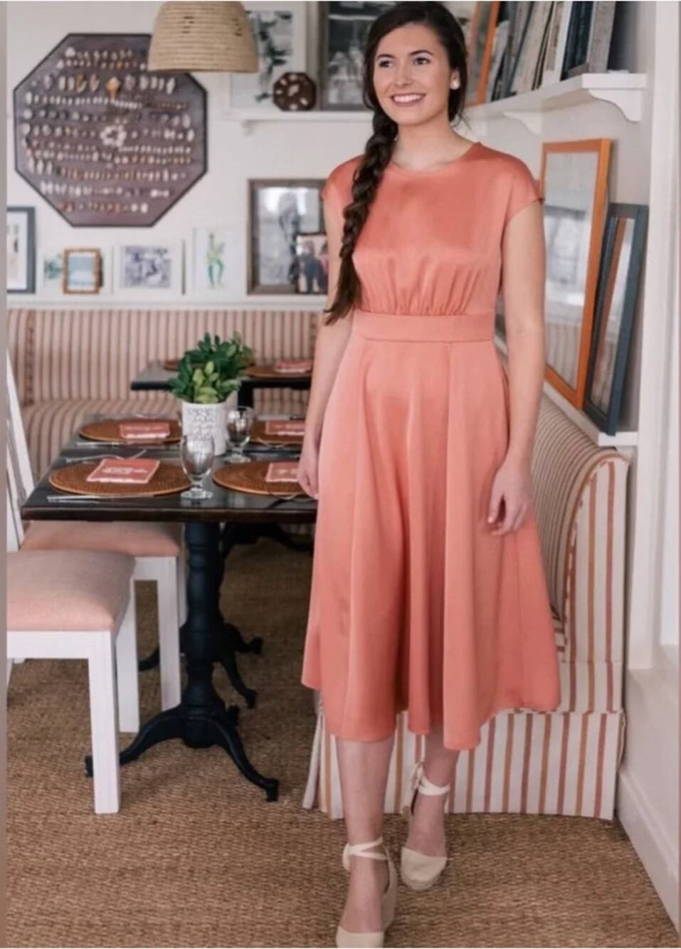 Gal Meets Glam Julia Satin Fit & Flare Midi Dress Langoustino Wedding Size 6